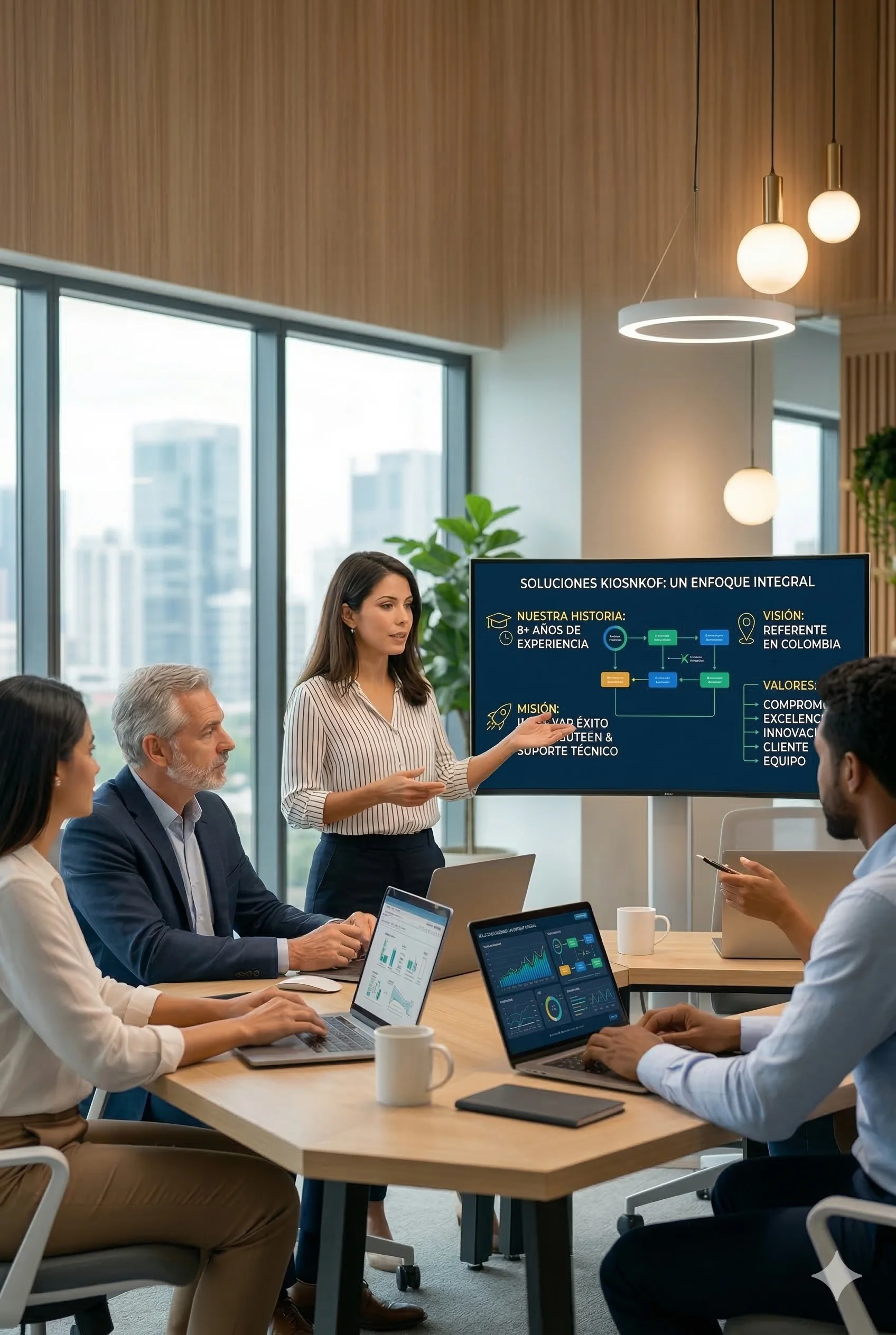 Equipo de Soluciones Kiosnkof discutiendo un proyecto